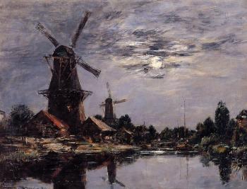 尤金 佈丹 Windmills and Canel near Dordrecht